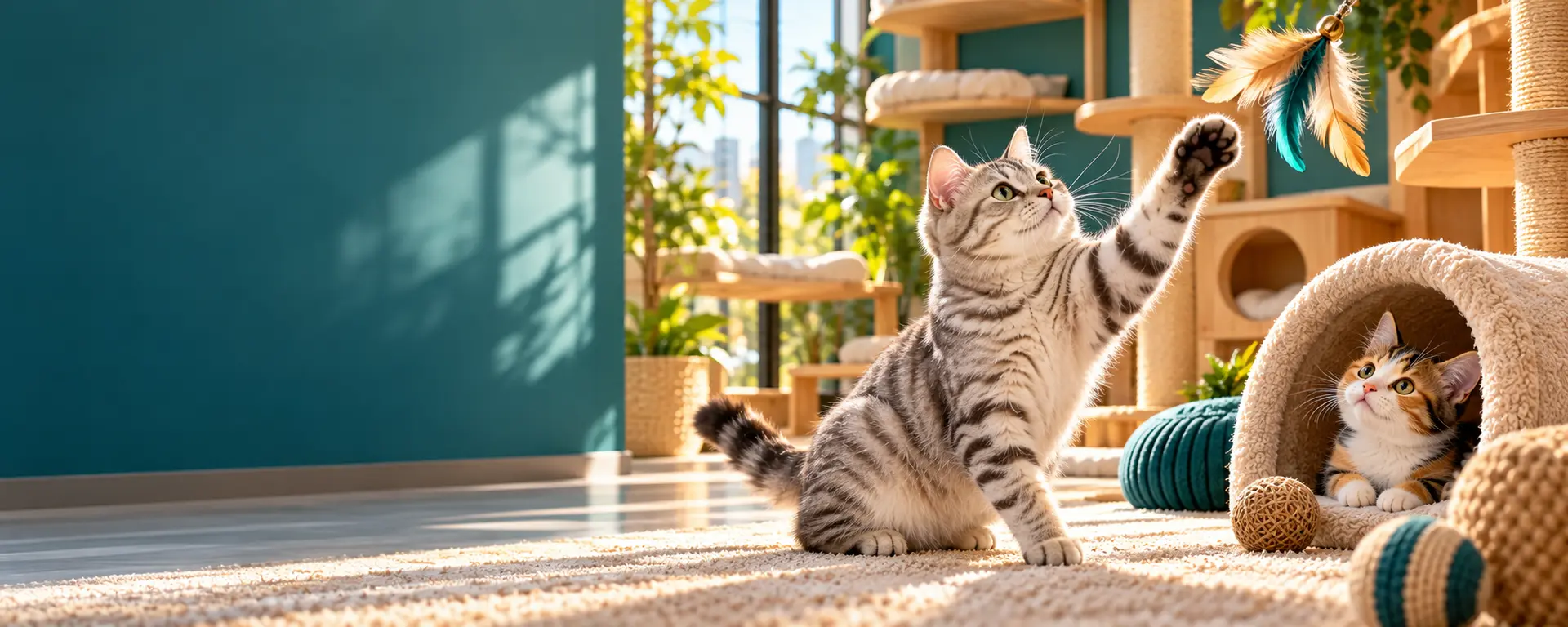 Playful cats enjoying a feather toy and tunnel in the PetGate play lounge