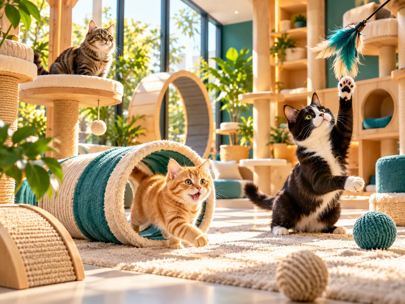 Happy cats playing with a tunnel and feather toy during daycare