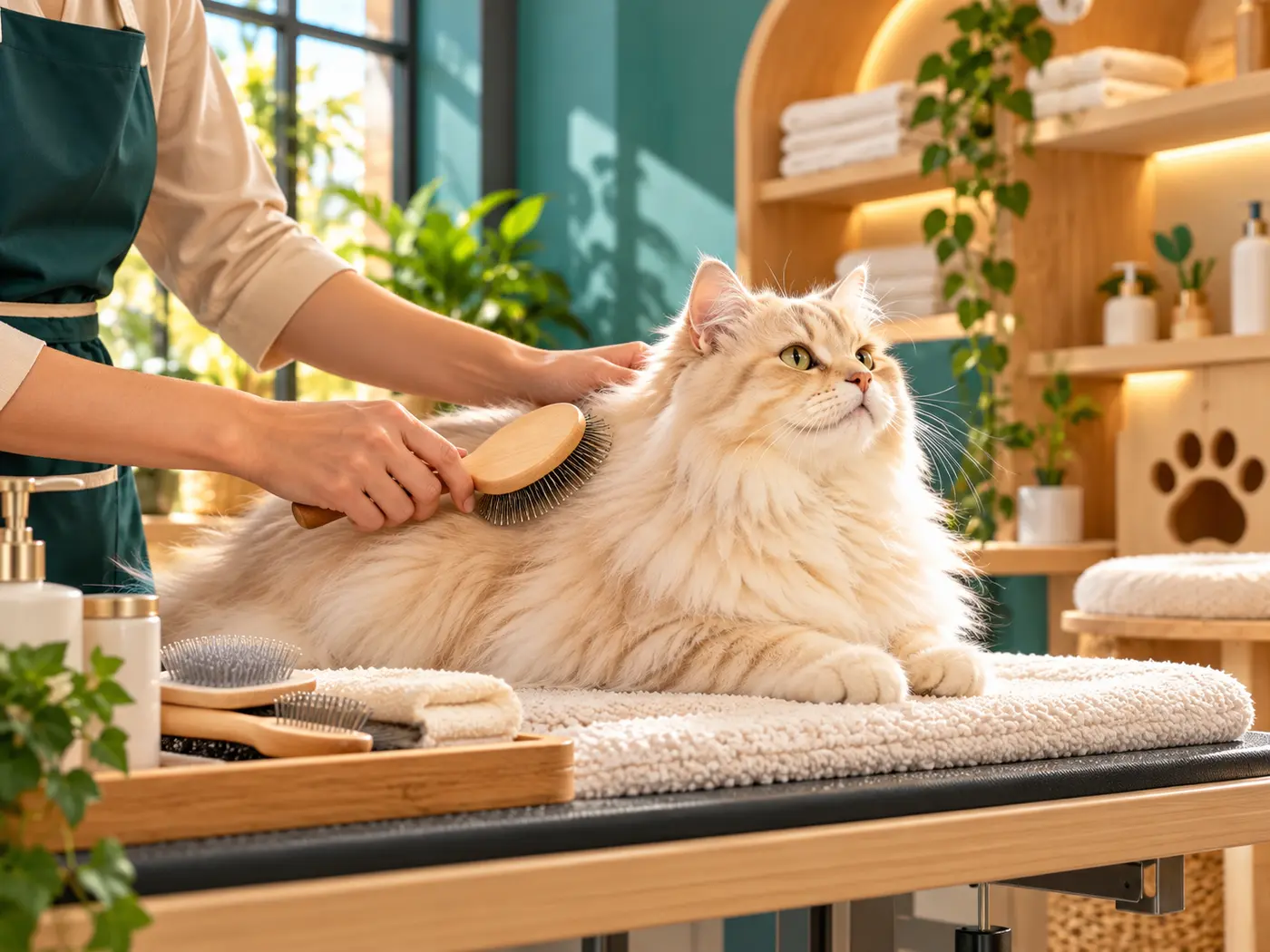 A fluffy cream cat calmly enjoying a gentle brushing session